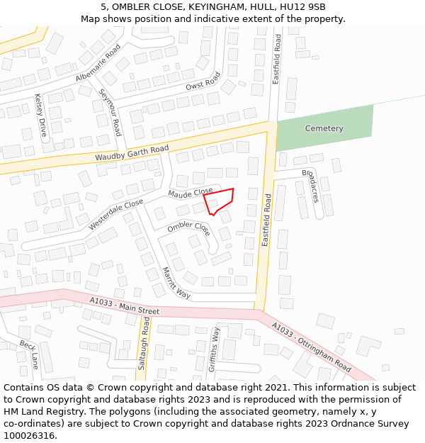 5, OMBLER CLOSE, KEYINGHAM, HULL, HU12 9SB: Location map and indicative extent of plot