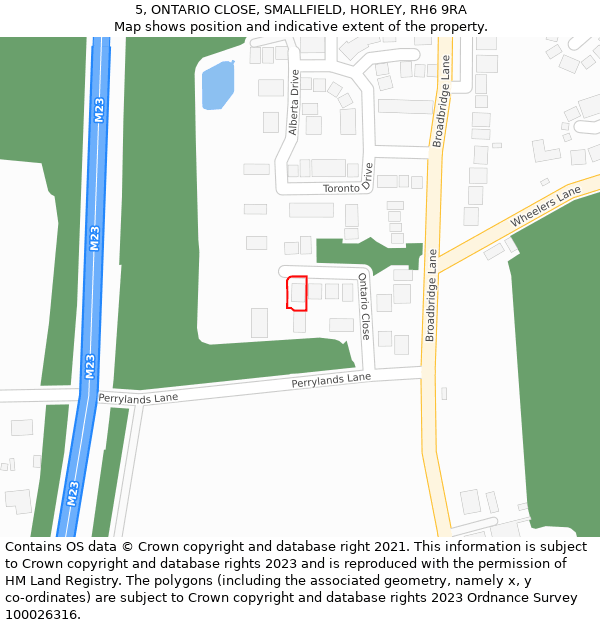 5, ONTARIO CLOSE, SMALLFIELD, HORLEY, RH6 9RA: Location map and indicative extent of plot
