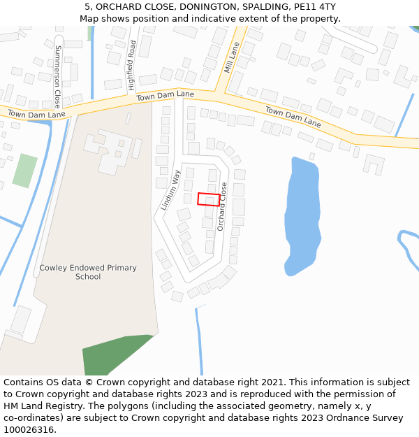 5, ORCHARD CLOSE, DONINGTON, SPALDING, PE11 4TY: Location map and indicative extent of plot