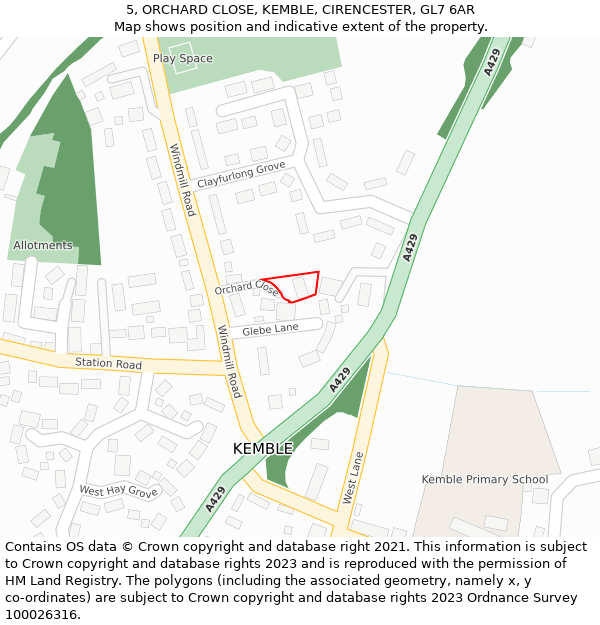 5, ORCHARD CLOSE, KEMBLE, CIRENCESTER, GL7 6AR: Location map and indicative extent of plot