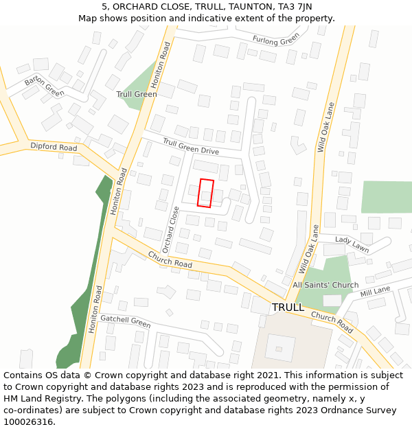 5, ORCHARD CLOSE, TRULL, TAUNTON, TA3 7JN: Location map and indicative extent of plot