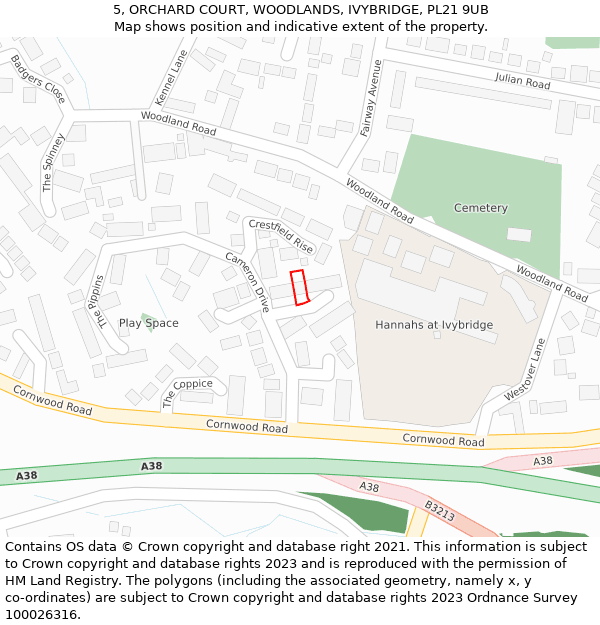 5, ORCHARD COURT, WOODLANDS, IVYBRIDGE, PL21 9UB: Location map and indicative extent of plot