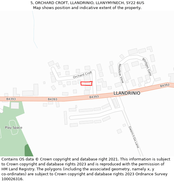 5, ORCHARD CROFT, LLANDRINIO, LLANYMYNECH, SY22 6US: Location map and indicative extent of plot