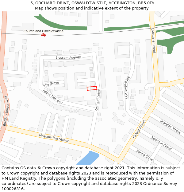 5, ORCHARD DRIVE, OSWALDTWISTLE, ACCRINGTON, BB5 0FA: Location map and indicative extent of plot