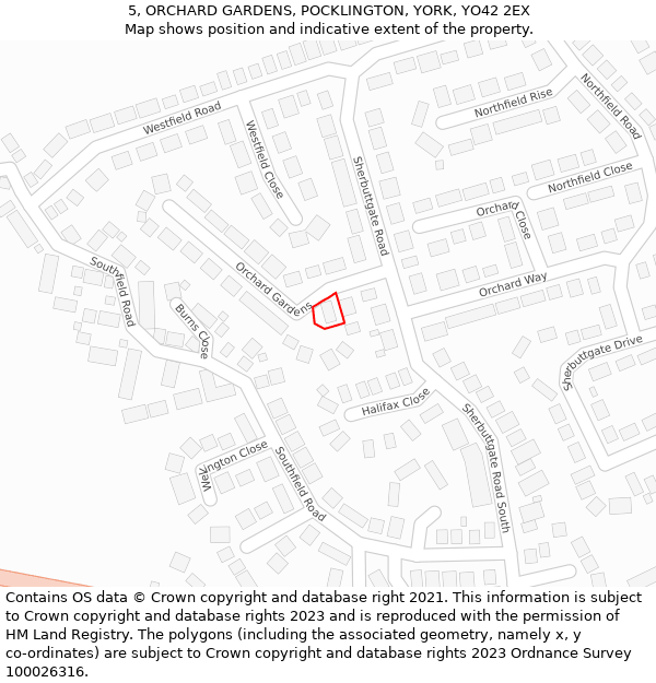 5, ORCHARD GARDENS, POCKLINGTON, YORK, YO42 2EX: Location map and indicative extent of plot