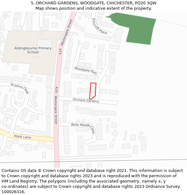 5, ORCHARD GARDENS, WOODGATE, CHICHESTER, PO20 3QW: Location map and indicative extent of plot