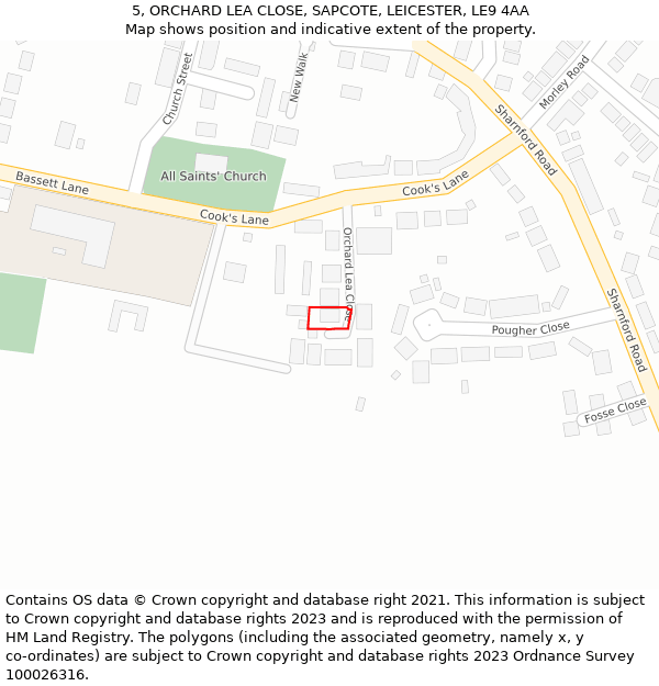 5, ORCHARD LEA CLOSE, SAPCOTE, LEICESTER, LE9 4AA: Location map and indicative extent of plot