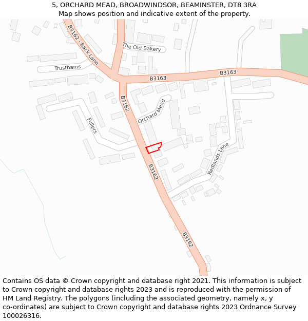 5, ORCHARD MEAD, BROADWINDSOR, BEAMINSTER, DT8 3RA: Location map and indicative extent of plot