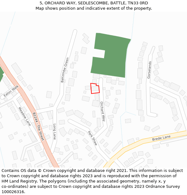 5, ORCHARD WAY, SEDLESCOMBE, BATTLE, TN33 0RD: Location map and indicative extent of plot