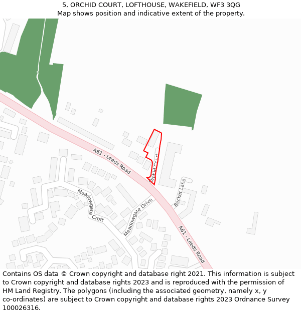 5, ORCHID COURT, LOFTHOUSE, WAKEFIELD, WF3 3QG: Location map and indicative extent of plot