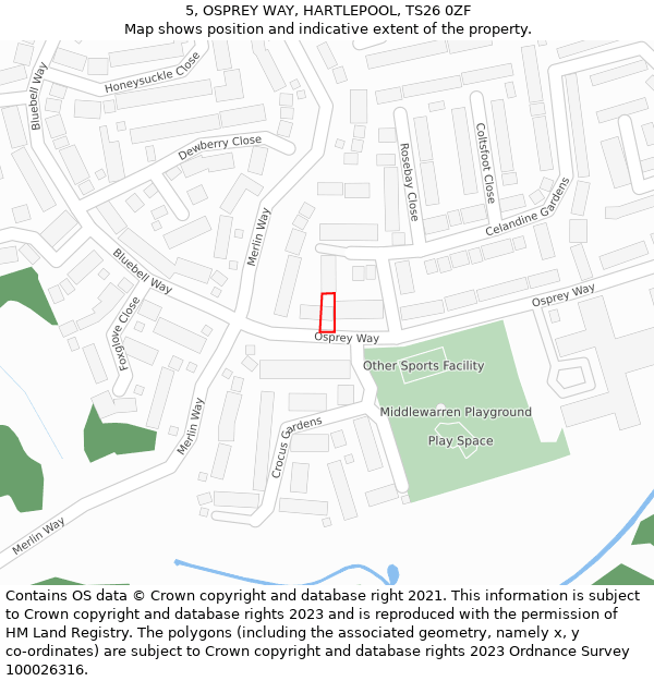 5, OSPREY WAY, HARTLEPOOL, TS26 0ZF: Location map and indicative extent of plot