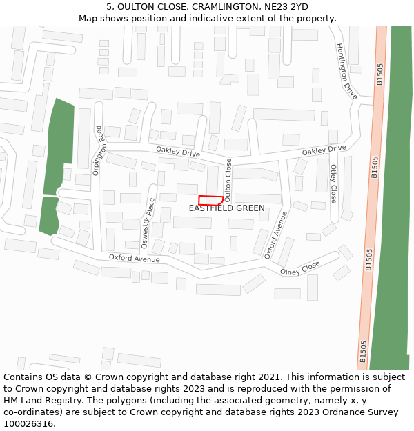 5, OULTON CLOSE, CRAMLINGTON, NE23 2YD: Location map and indicative extent of plot