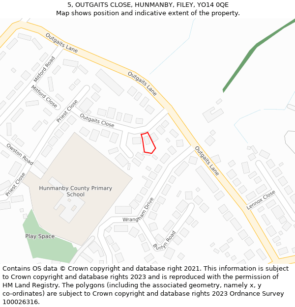 5, OUTGAITS CLOSE, HUNMANBY, FILEY, YO14 0QE: Location map and indicative extent of plot