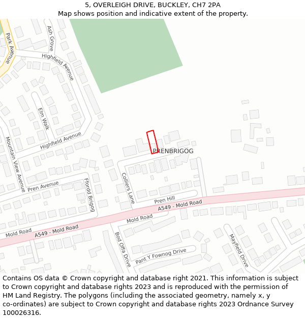 5, OVERLEIGH DRIVE, BUCKLEY, CH7 2PA: Location map and indicative extent of plot