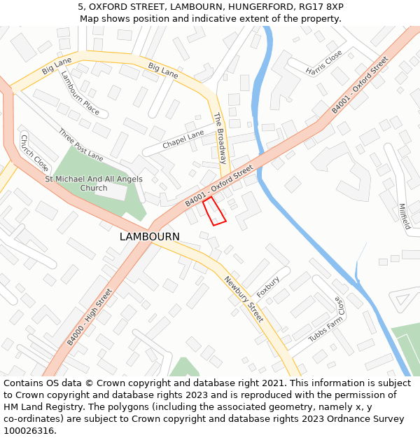 5, OXFORD STREET, LAMBOURN, HUNGERFORD, RG17 8XP: Location map and indicative extent of plot