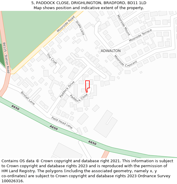 5, PADDOCK CLOSE, DRIGHLINGTON, BRADFORD, BD11 1LD: Location map and indicative extent of plot