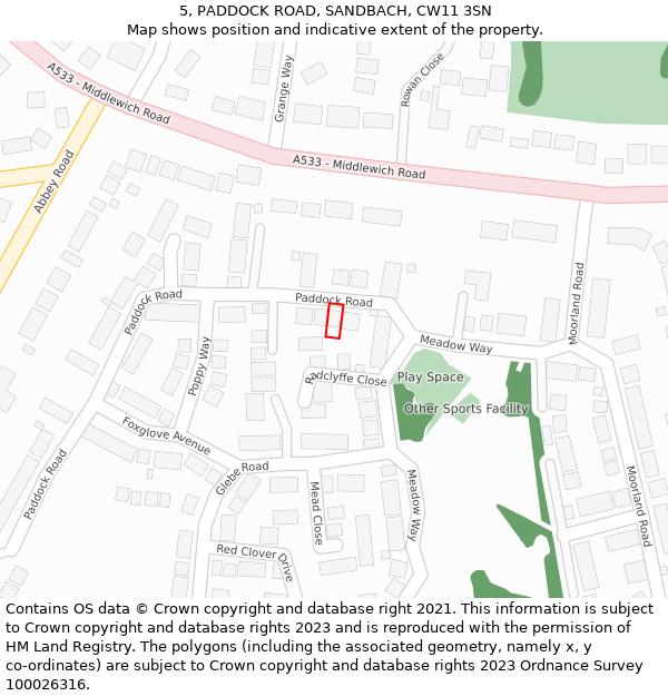 5, PADDOCK ROAD, SANDBACH, CW11 3SN: Location map and indicative extent of plot