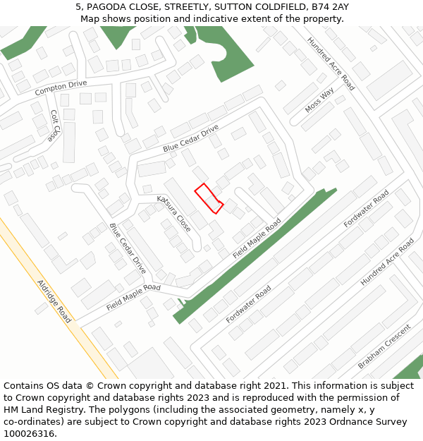 5, PAGODA CLOSE, STREETLY, SUTTON COLDFIELD, B74 2AY: Location map and indicative extent of plot