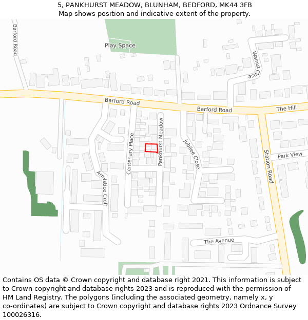 5, PANKHURST MEADOW, BLUNHAM, BEDFORD, MK44 3FB: Location map and indicative extent of plot