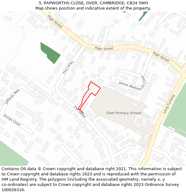 5, PAPWORTHS CLOSE, OVER, CAMBRIDGE, CB24 5WH: Location map and indicative extent of plot