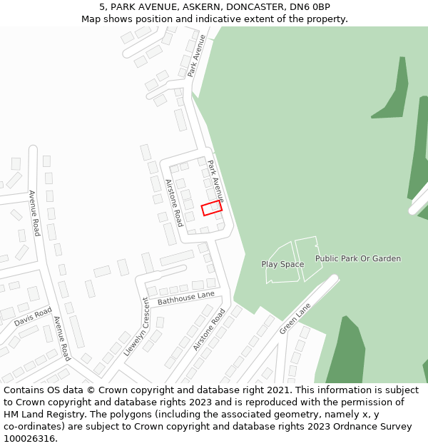 5, PARK AVENUE, ASKERN, DONCASTER, DN6 0BP: Location map and indicative extent of plot