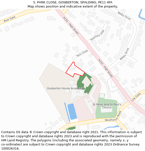 5, PARK CLOSE, GOSBERTON, SPALDING, PE11 4FA: Location map and indicative extent of plot