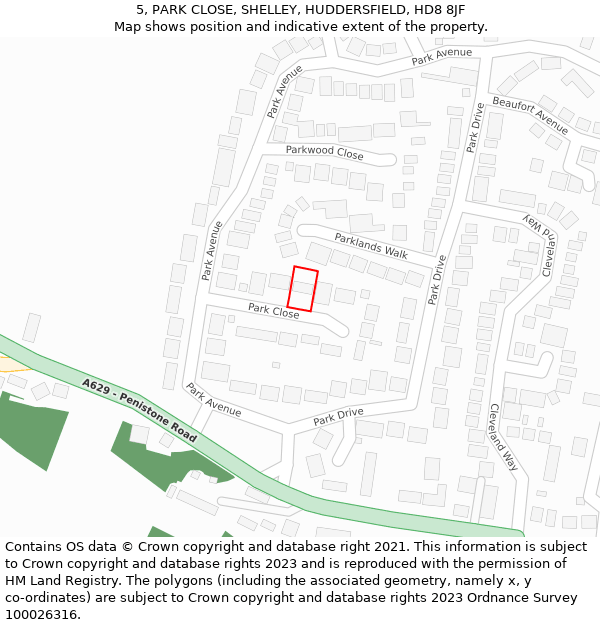 5, PARK CLOSE, SHELLEY, HUDDERSFIELD, HD8 8JF: Location map and indicative extent of plot