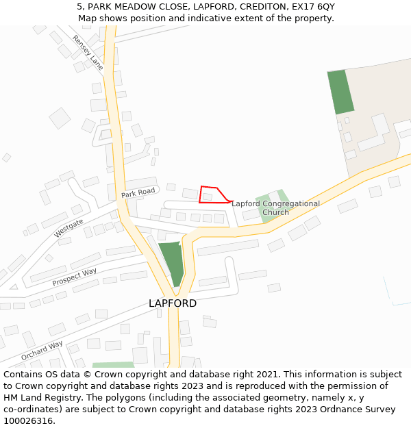 5, PARK MEADOW CLOSE, LAPFORD, CREDITON, EX17 6QY: Location map and indicative extent of plot