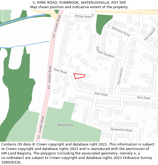 5, PARK ROAD, PURBROOK, WATERLOOVILLE, PO7 5ER: Location map and indicative extent of plot