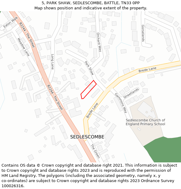 5, PARK SHAW, SEDLESCOMBE, BATTLE, TN33 0PP: Location map and indicative extent of plot