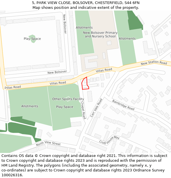 5, PARK VIEW CLOSE, BOLSOVER, CHESTERFIELD, S44 6FN: Location map and indicative extent of plot