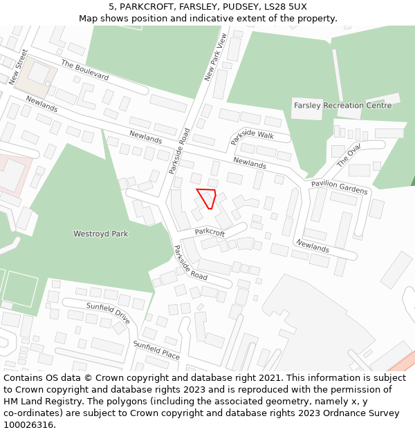 5, PARKCROFT, FARSLEY, PUDSEY, LS28 5UX: Location map and indicative extent of plot