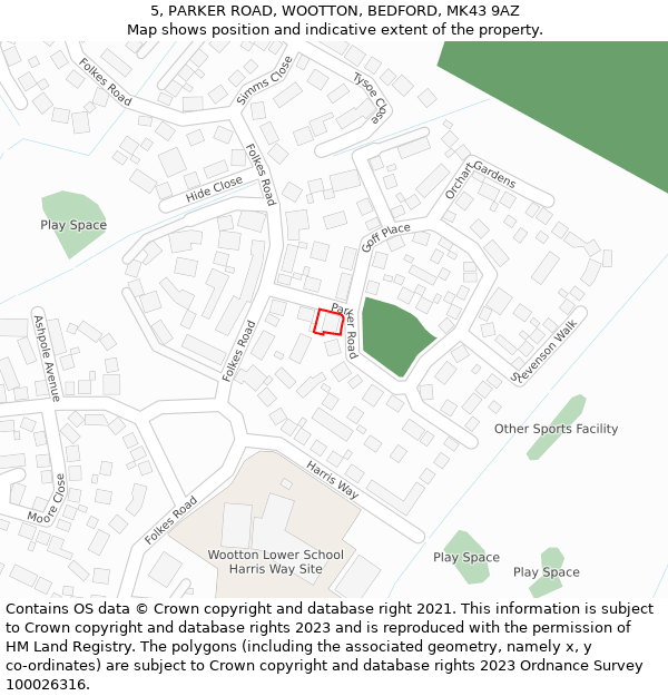 5, PARKER ROAD, WOOTTON, BEDFORD, MK43 9AZ: Location map and indicative extent of plot