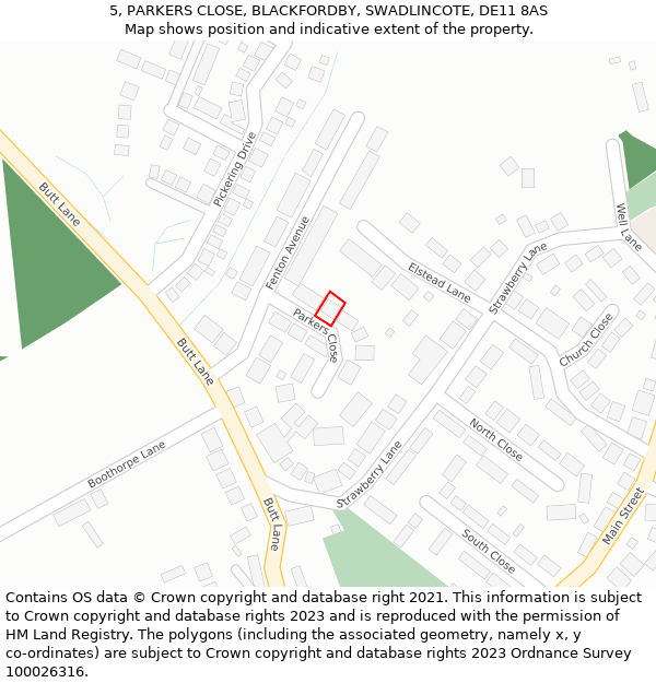 5, PARKERS CLOSE, BLACKFORDBY, SWADLINCOTE, DE11 8AS: Location map and indicative extent of plot