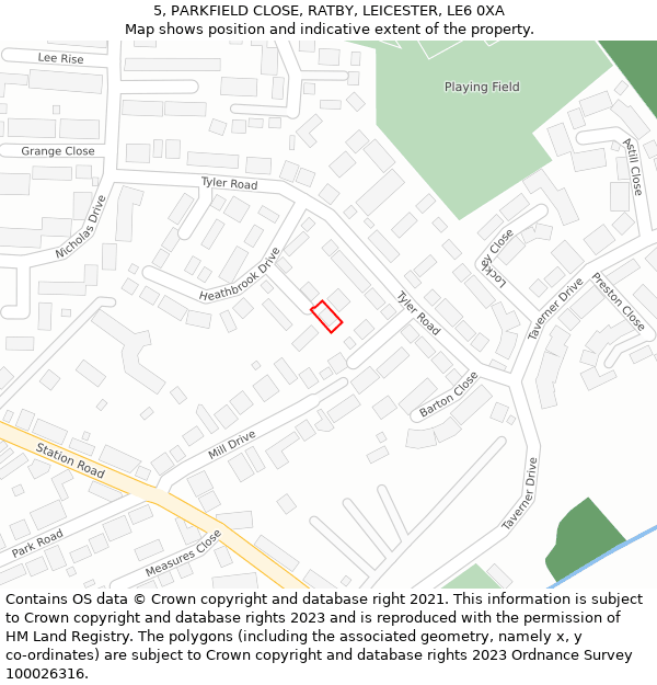 5, PARKFIELD CLOSE, RATBY, LEICESTER, LE6 0XA: Location map and indicative extent of plot