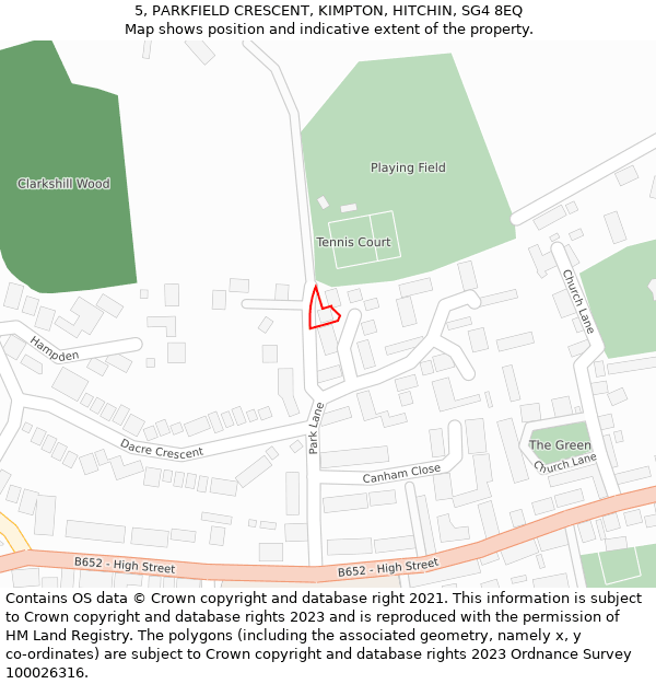 5, PARKFIELD CRESCENT, KIMPTON, HITCHIN, SG4 8EQ: Location map and indicative extent of plot