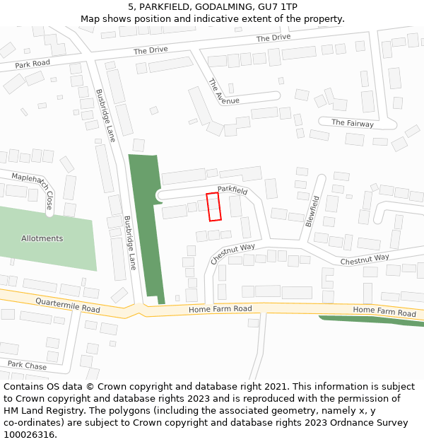 5, PARKFIELD, GODALMING, GU7 1TP: Location map and indicative extent of plot