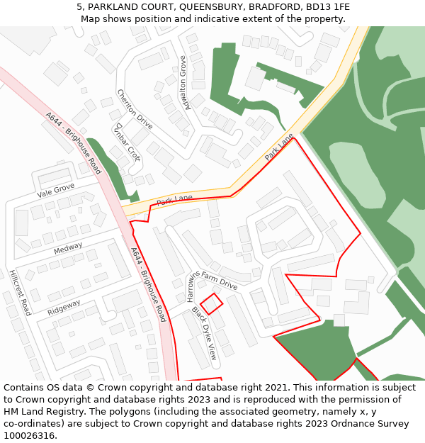 5, PARKLAND COURT, QUEENSBURY, BRADFORD, BD13 1FE: Location map and indicative extent of plot
