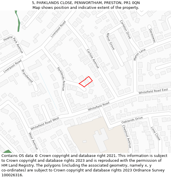 5, PARKLANDS CLOSE, PENWORTHAM, PRESTON, PR1 0QN: Location map and indicative extent of plot