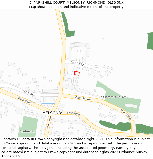 5, PARKSHILL COURT, MELSONBY, RICHMOND, DL10 5NX: Location map and indicative extent of plot