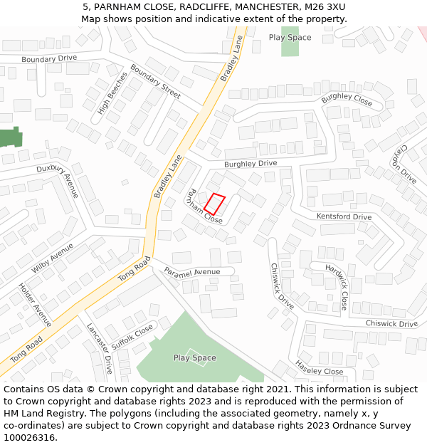 5, PARNHAM CLOSE, RADCLIFFE, MANCHESTER, M26 3XU: Location map and indicative extent of plot