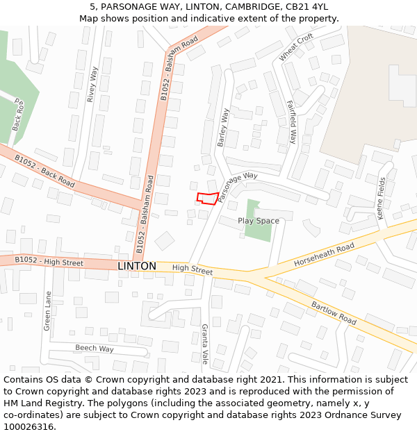 5, PARSONAGE WAY, LINTON, CAMBRIDGE, CB21 4YL: Location map and indicative extent of plot