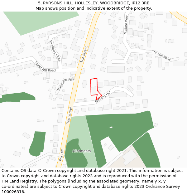 5, PARSONS HILL, HOLLESLEY, WOODBRIDGE, IP12 3RB: Location map and indicative extent of plot