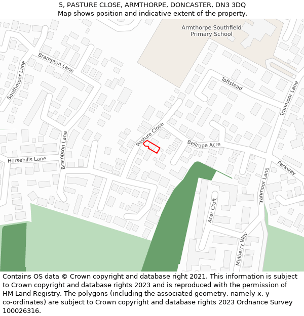 5, PASTURE CLOSE, ARMTHORPE, DONCASTER, DN3 3DQ: Location map and indicative extent of plot