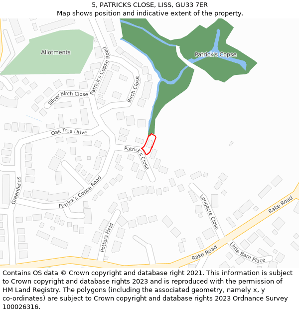 5, PATRICKS CLOSE, LISS, GU33 7ER: Location map and indicative extent of plot