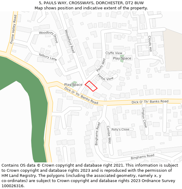 5, PAULS WAY, CROSSWAYS, DORCHESTER, DT2 8UW: Location map and indicative extent of plot