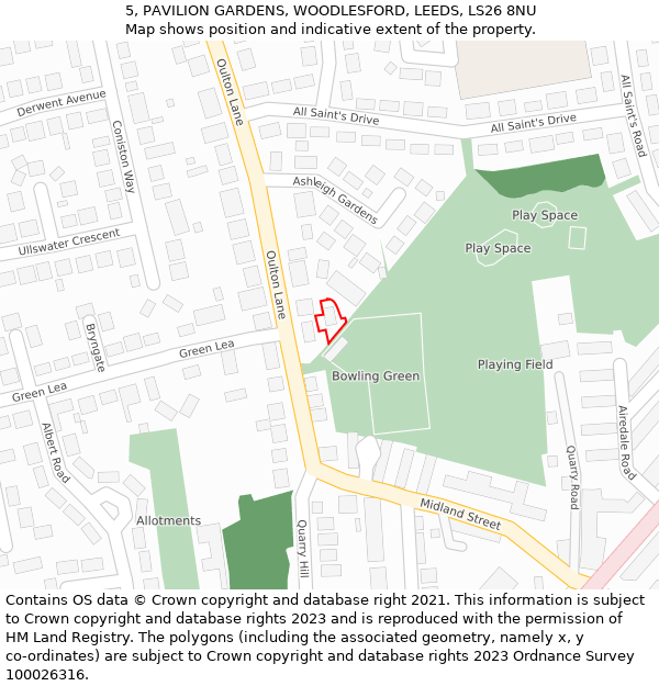 5, PAVILION GARDENS, WOODLESFORD, LEEDS, LS26 8NU: Location map and indicative extent of plot