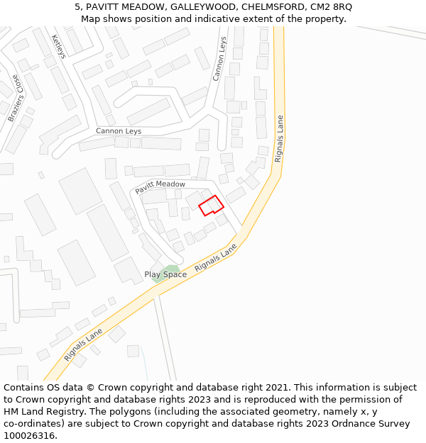 5, PAVITT MEADOW, GALLEYWOOD, CHELMSFORD, CM2 8RQ: Location map and indicative extent of plot