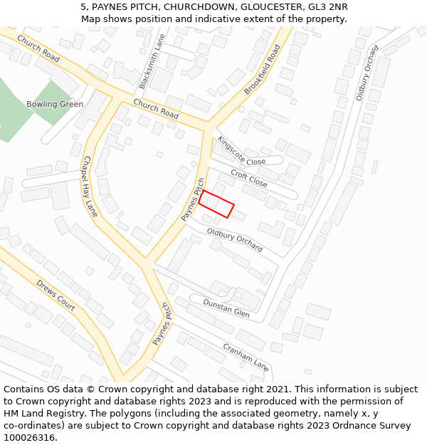 5, PAYNES PITCH, CHURCHDOWN, GLOUCESTER, GL3 2NR: Location map and indicative extent of plot