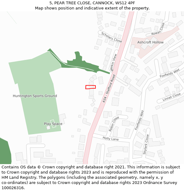 5, PEAR TREE CLOSE, CANNOCK, WS12 4PF: Location map and indicative extent of plot